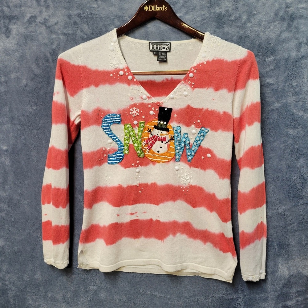 Berek Women's‎ Christmas Sweater Snowman Beaded Sequin V-Neck Knit Size S